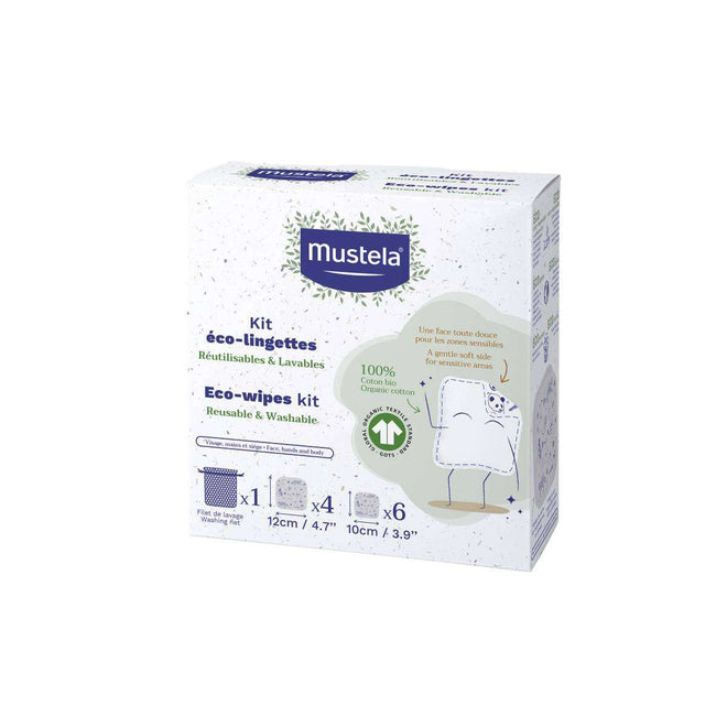 Mustela Bebé Toalhetes Eco Reutilizáveis e Laváveis 4 unidades 12x12cm + 6 unidades 10x10cm + Rede de Lavagem