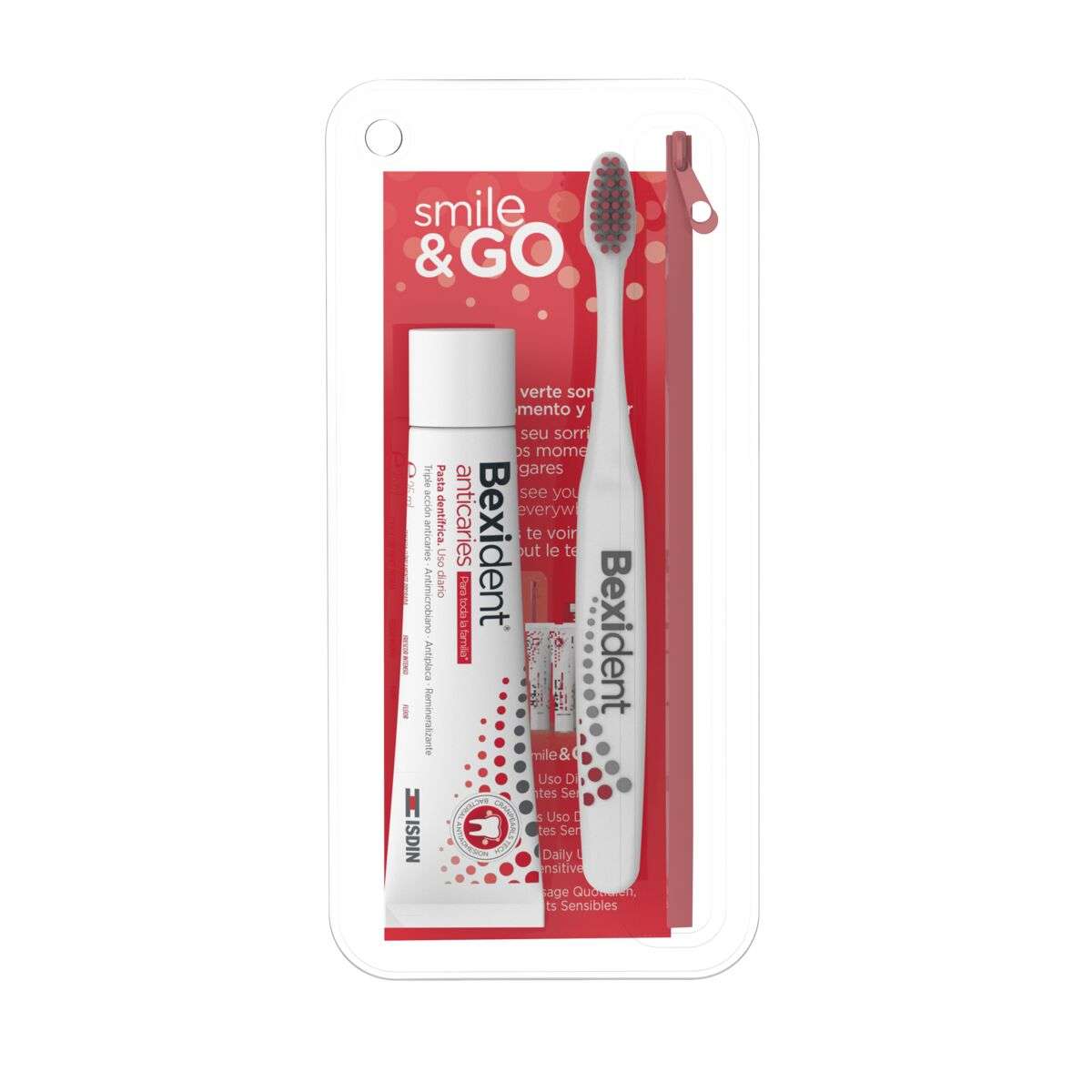 ISDIN Bexident Anticárias Smile&Go 25ML- Kit de viagem composto por pasta dentífrica e escova de dentes