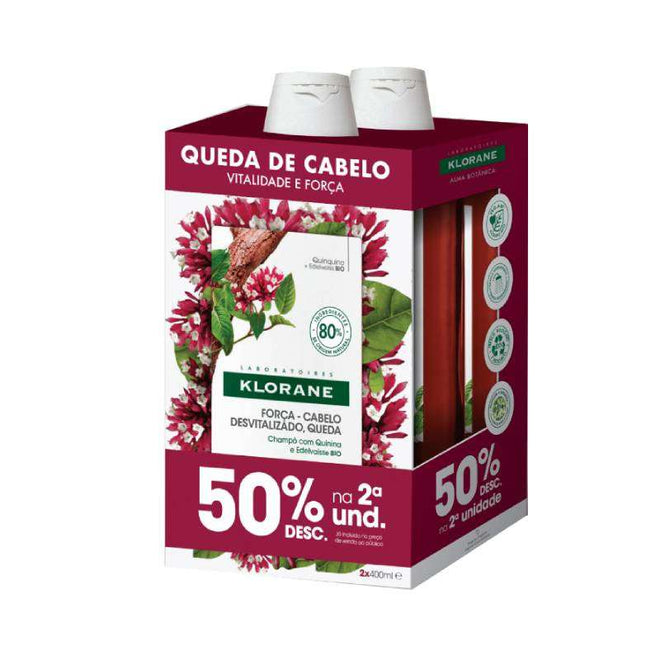 Klorane Quinina e Edelvaisse Bio Champô Antiqueda Cabelo Desvitalizado 2x400ml com desconto de 50% na 2ª embalagem