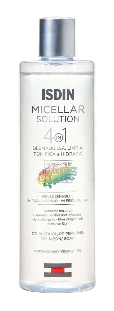 ISDIN MICELLAR Solution 400ML- Água micelar para limpeza facial hidratante. Remove eficazmente a maquilhagem