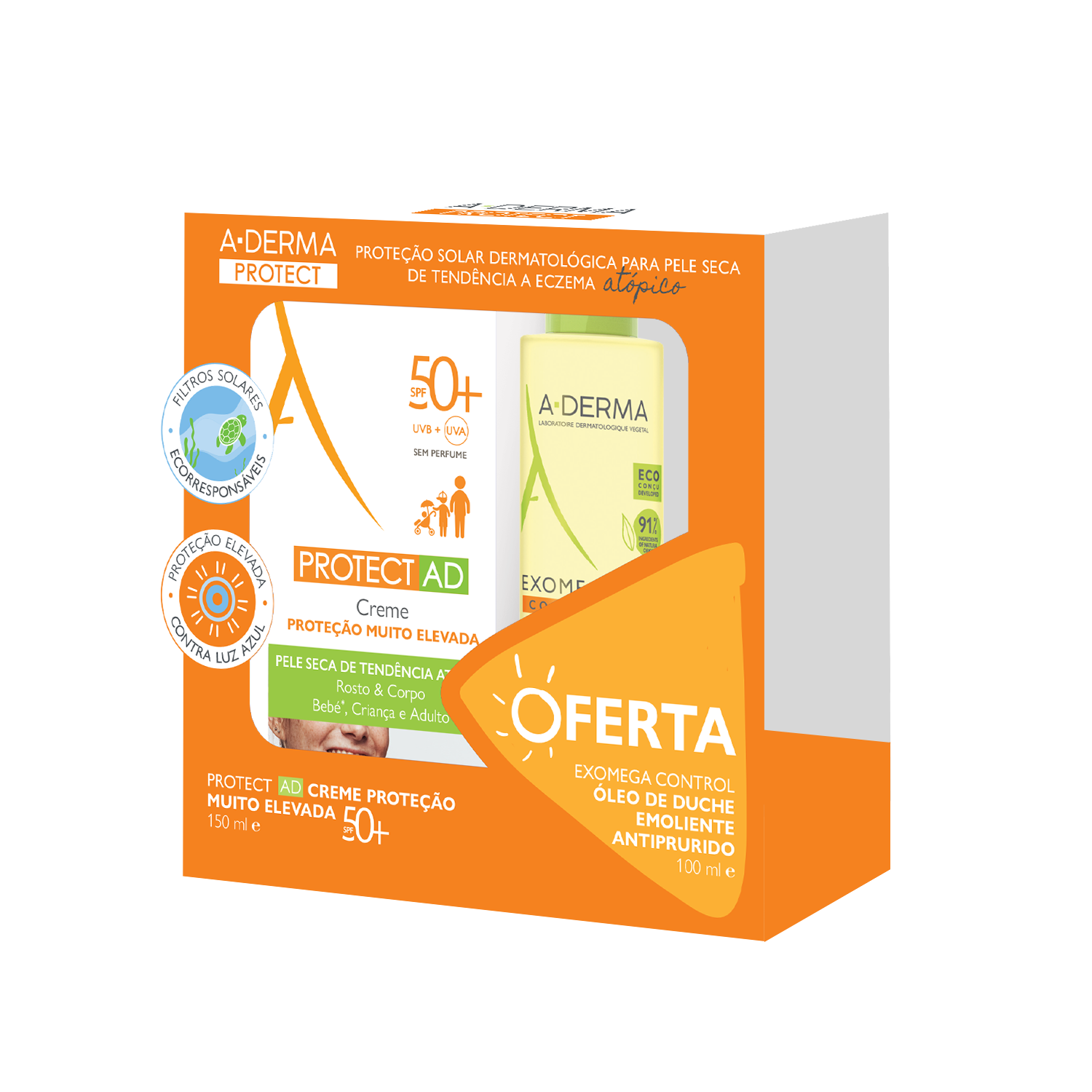 A-Derma Protect Creme Proteção Elevada FPS 50+ 150ml com oferta de Exomega Control Óleo Duche 100ml