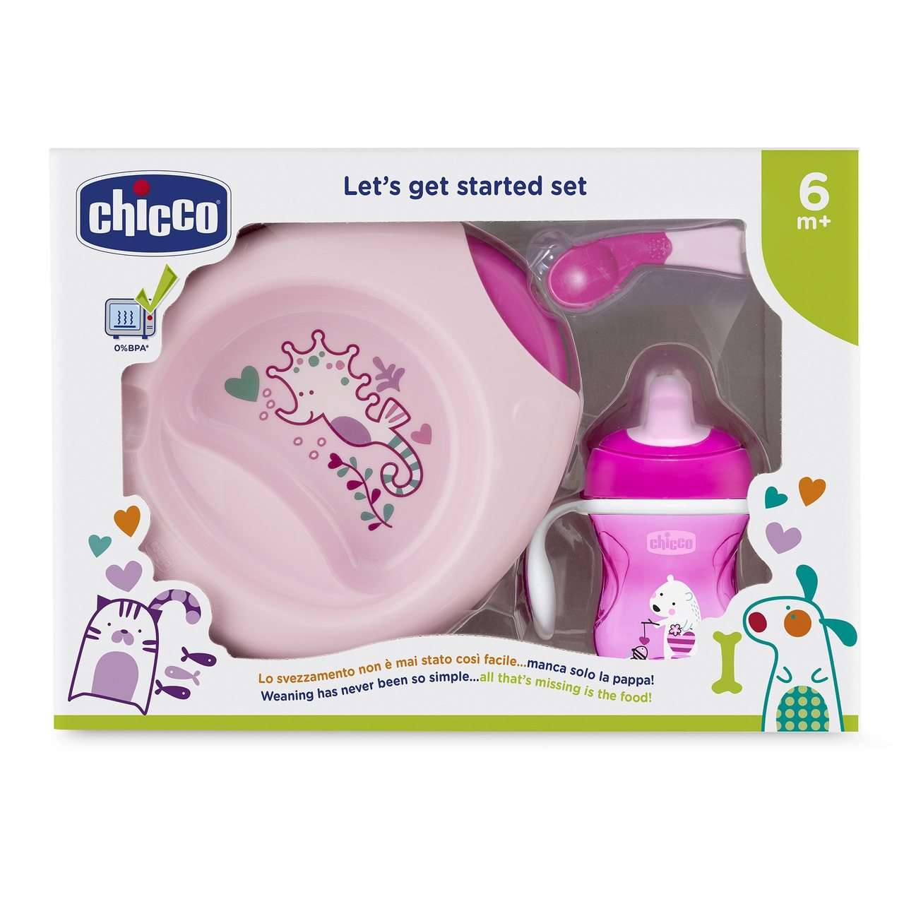 Chicco Conjunto Papa Colher+ Copo + Pratos  6M + Rosa