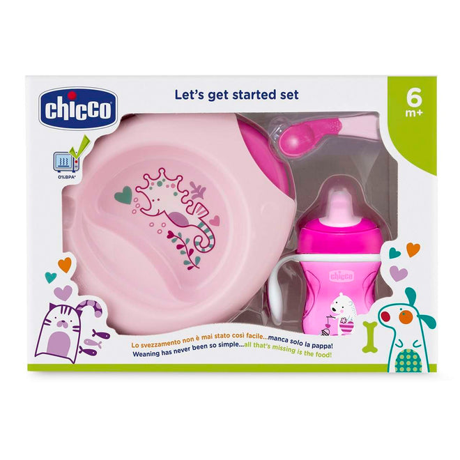 Chicco Conjunto Papa Colher+ Copo + Pratos  6M + Rosa