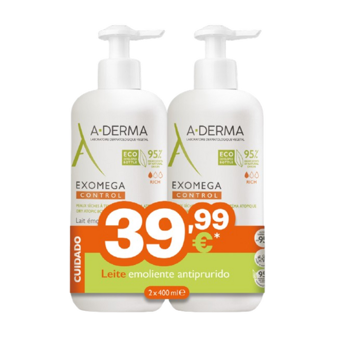 A-Derma Pack Exomega Control Leite Emoliente Pele Atópica 2x400ml Preço Especial