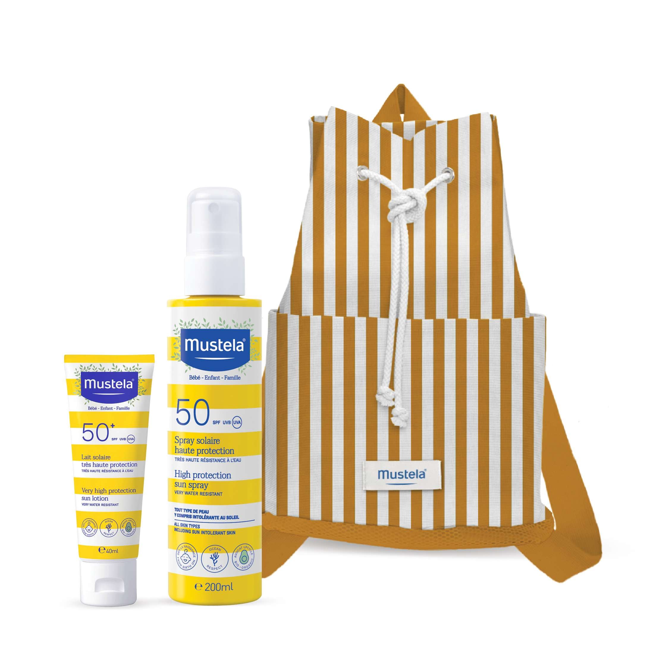 Mustela Bebe Spray Solar SPF50 200ml + Leite Solar Rosto SPF50+ 40ml+ OFERTA Mochila de Praia Amarela