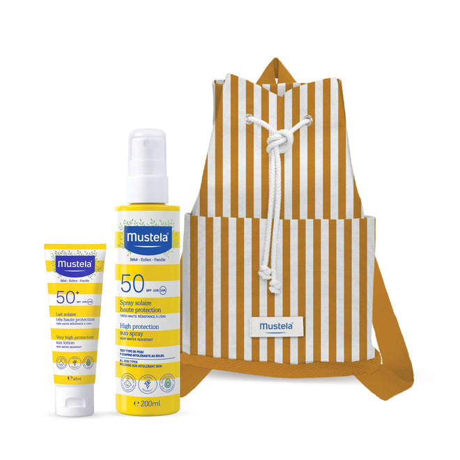 Mustela Bebe Spray Solar SPF50 200ml + Leite Solar Rosto SPF50+ 40ml+ OFERTA Mochila de Praia Amarela