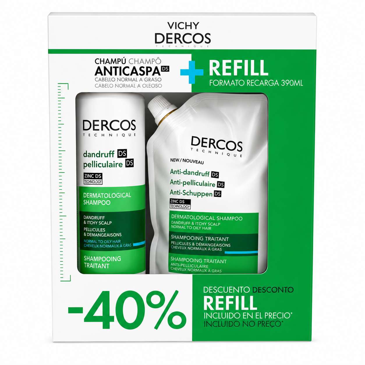 Dercos Champô Caspa Oleosa 390ml + Refill 390ml 40%