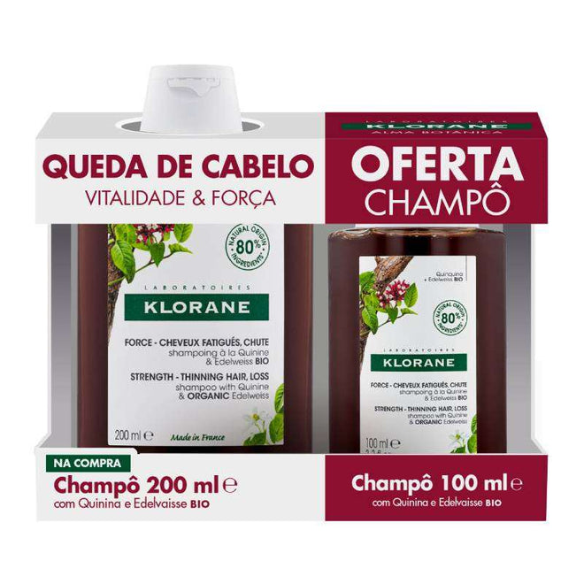 Klorane Quinina e Edelvaisse Bio Champô Antiqueda Cabelo Desvitalizado 200ml com oferta de Champo Antiqueda 100ml