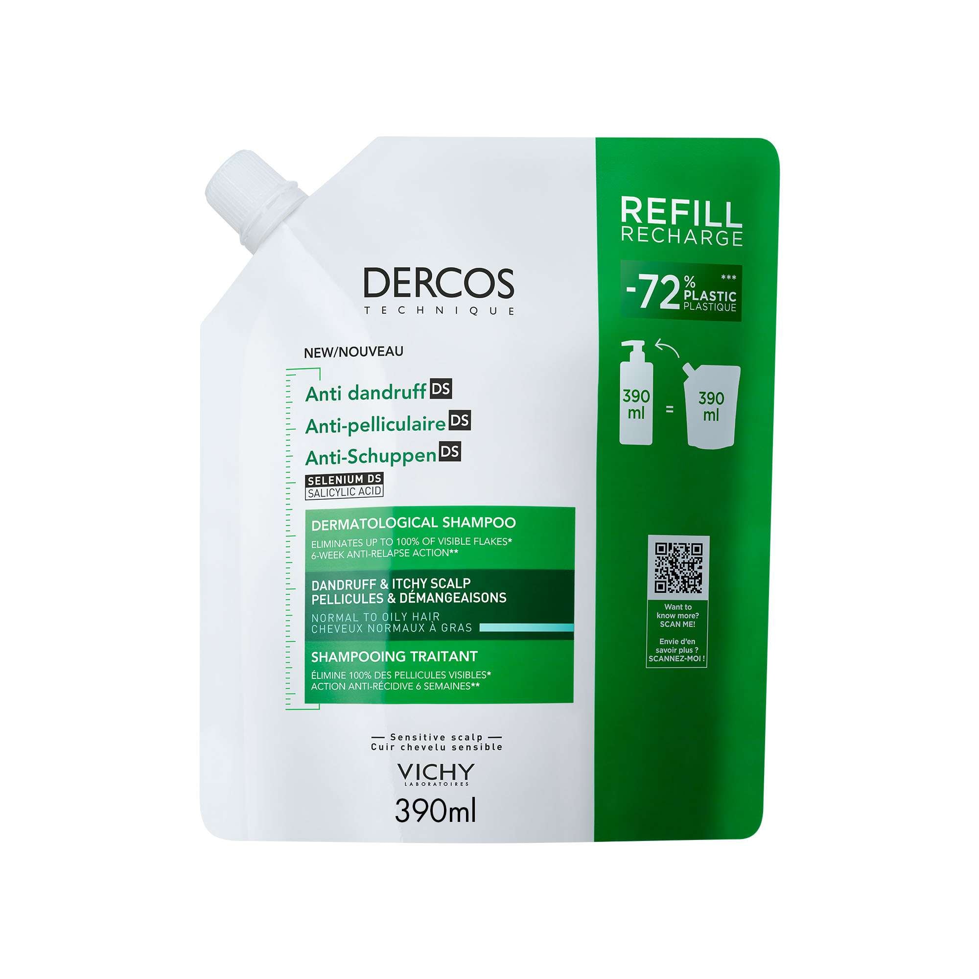 Dercos Anticaspa Champô Recarga para Cabelos Normais a Oleosos 390ml