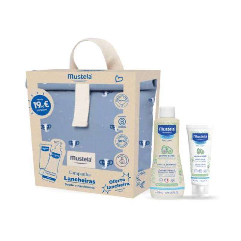 Mustela Bebé Champô 500ml + Hydra Bebé 40ml com oferta de Lancheira Térmica Azul