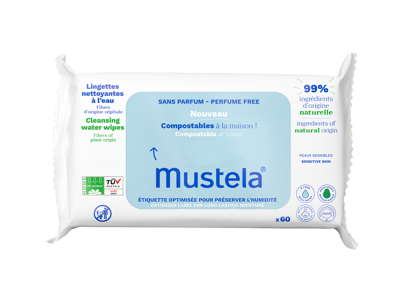 Mustela Toalhetes de Limpeza de Água Sem Perfume – 60 Unidades